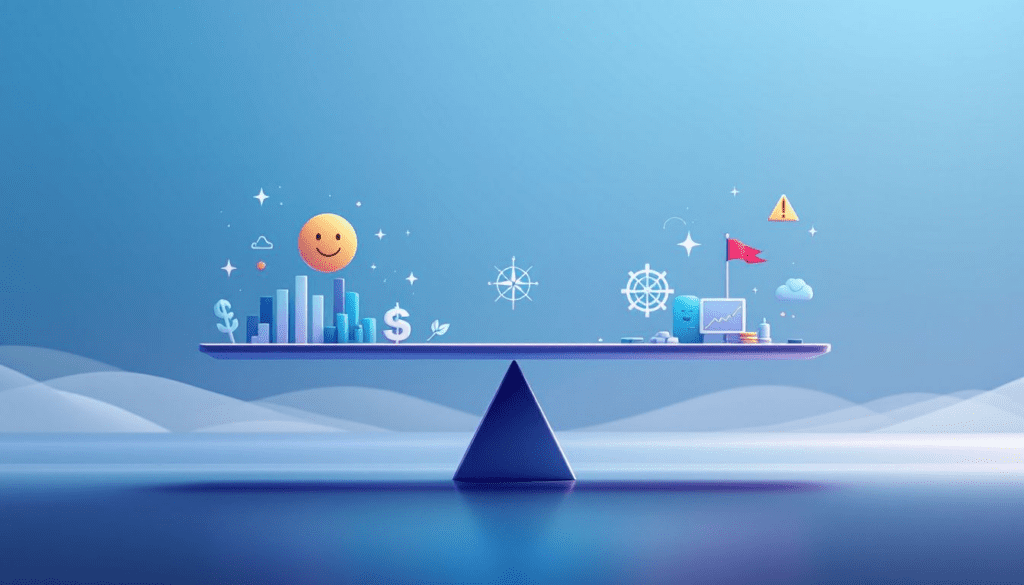 A balanced scale depicting advantages and disadvantages of revenue multiples